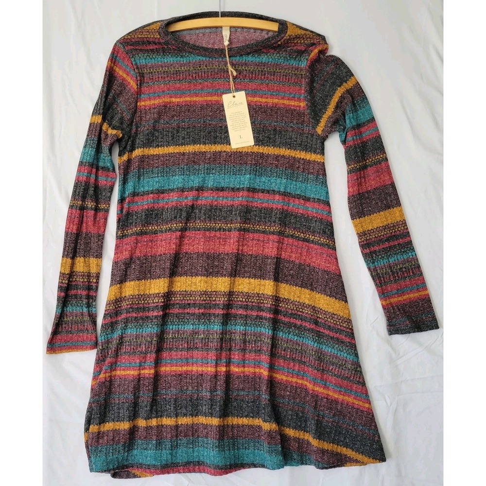 Elan Dress Womens Sz L Striped Boho Colors Hippie Comfy Cottage Core 70s